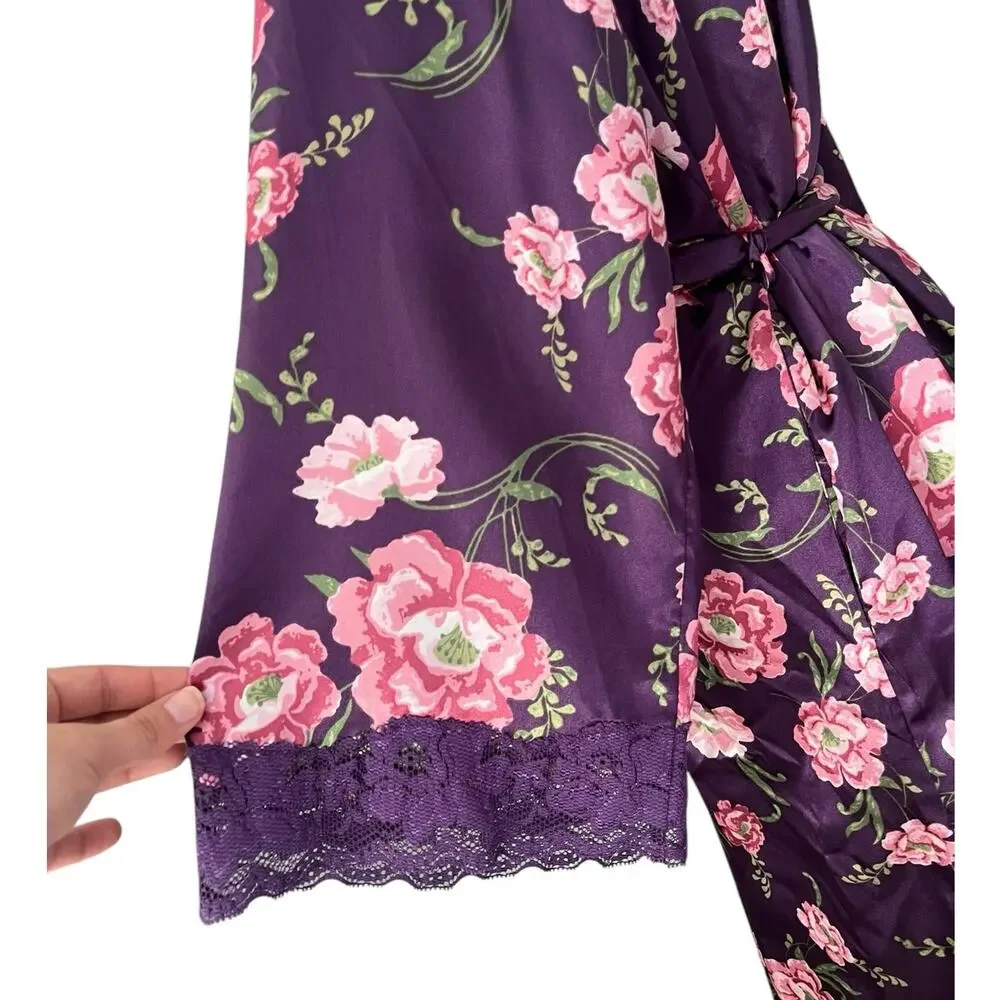 Amoureuse Peignoir Purple Floral Robe Belted Lace Liquid Satin Lounge Medium